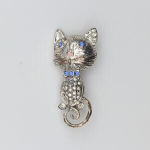 Cat Blue Rhinestones Brooch Pink Nose Pin Silvertone Liz Claiborne Signed LC
